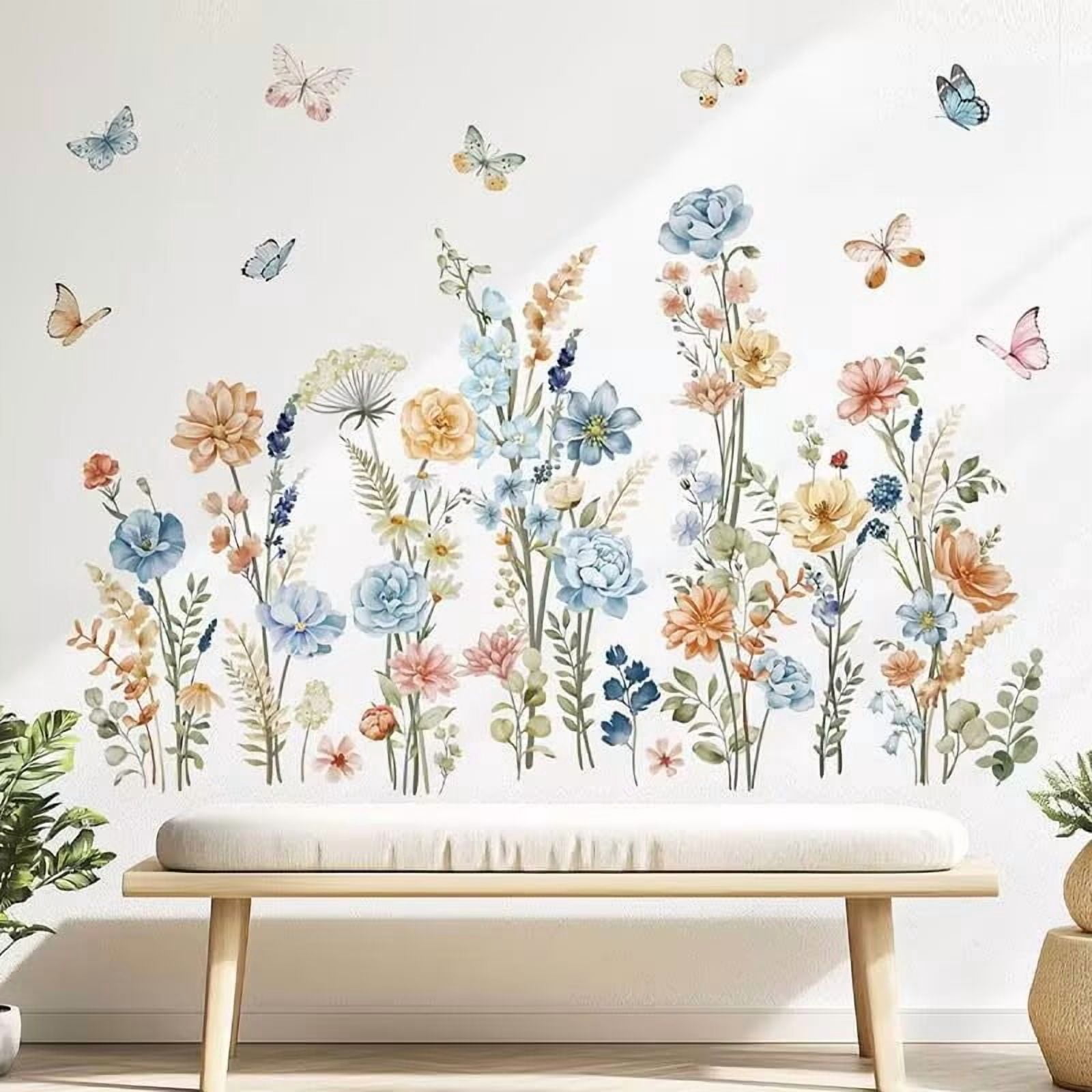 Watercolor plant stickers, flower wall stickers, butterfly wall stickers，Living Room DIY transparent stickers Peel and Stick Removable Home Decor Bedroom Sofa TV Wall Art Decoration
