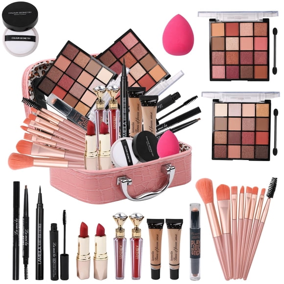 Delymol Kit de maquillaje todo en uno para niñas adolescentes – 2 x 16 colores sombra de ojos base líquida delineador de ojos lápices de contorno brillo de labios lápices de cejas y 8 brochas de maqui