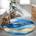 thumbnail image 4 of Blue Marble Round Living Room Rugs 4 ft, Abstract Ocean Waves Gold Stripes Modern Washable Area Rug with Non-Slip Sturdy Edge Binding Round Carpet for Entryway Kitchen Bedroom Bathroom, 4 of 9