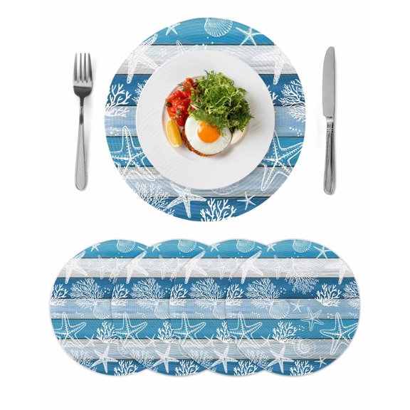Blue Coastal Beach Round 13 Inch Placemats Set of 4, Nautical Starfish Coral Vintage Wooden HeatResistant Non Slip Place Mats for Dining Table, Wipeable Braided Kitchen Table Mats for Housewarming