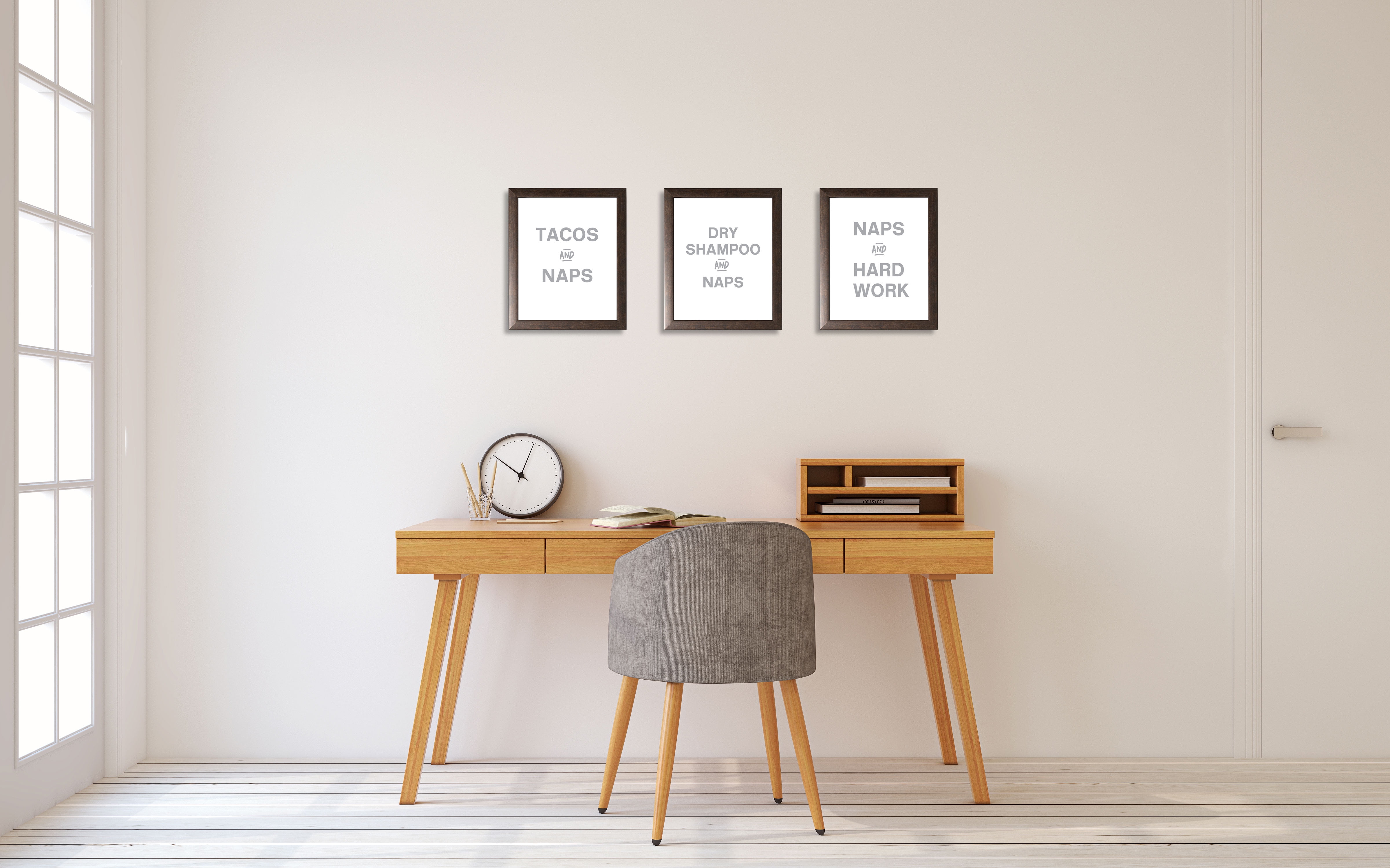 Gango Home Decor Humorous Bathroom or Dorm Typography Wall Art; Three Gray 8x10in Art Prints in