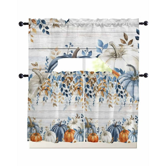 Blue Pumpkin Fall Kitchen Curtains Sets 24 Inch Length with Valance, Thanksgiving Eucalyptus Leaves Gray Wooden Swag Valances and Tiers Curtain Set Drapes Swag Curtains for Living Room, Bathroom