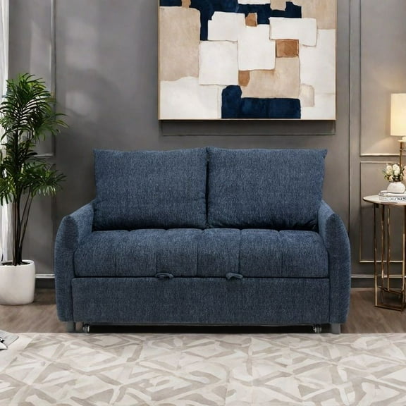 Modern 3-in-1 Sleeper Sofa Bed - Pull Out Convertible Loveseat with 2 Pillows & Storage Pockets, Adjustable Backrest, Navy Velvet Futon for Living Room & Small Spaces