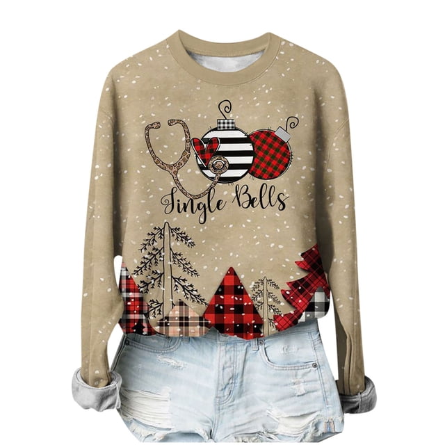 TopLLC Chandails en Molleton de Noël Moches Mode Femmes Décontracté Imprimé de Noël Manches Longues Col Rond Chandail en Molleton Blouse en Solde