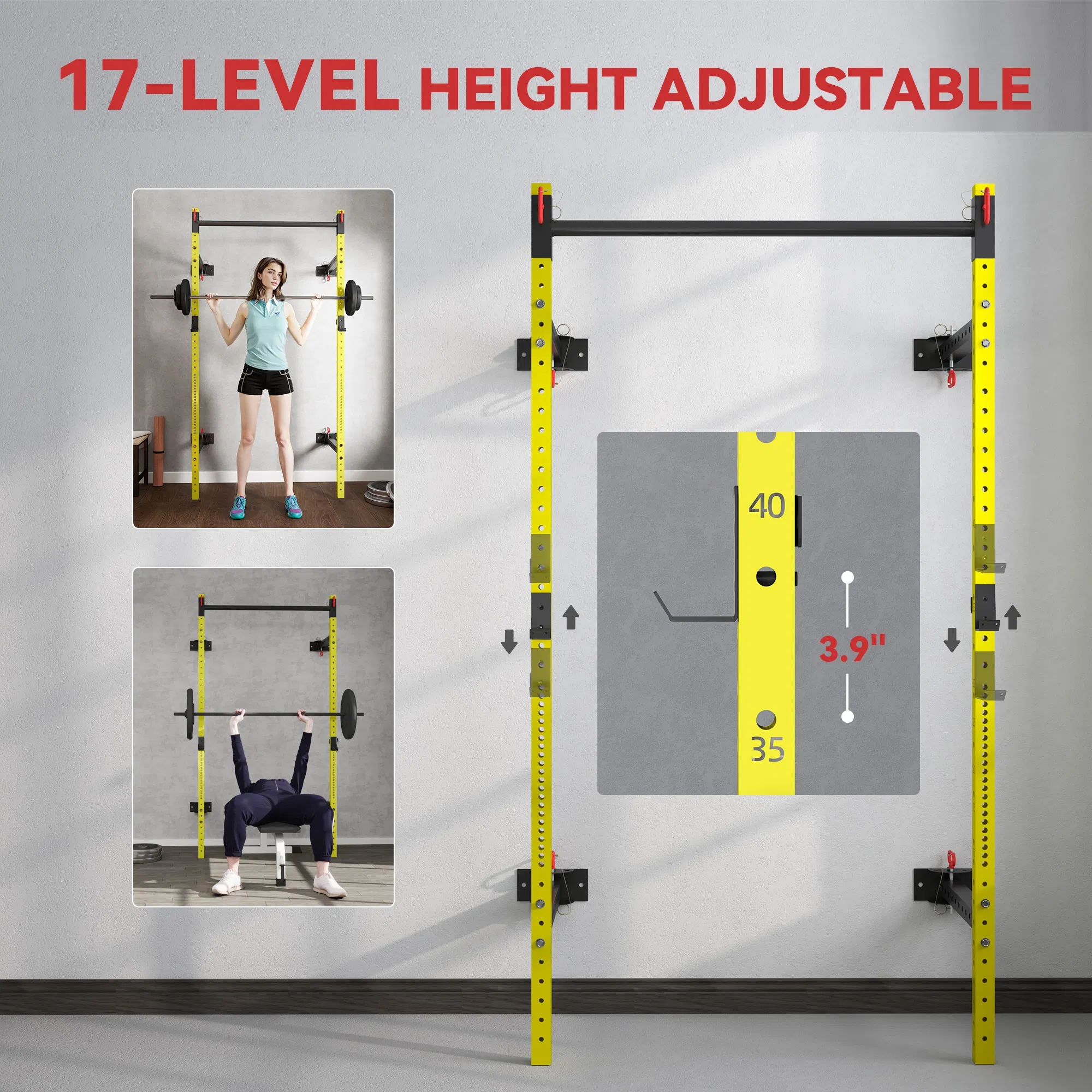 Adjustable Folding Squat Rack with Pull Up Bar,Wall Mounted Power Rack,1000 lbs Capacity,Durable Yellow Finish for Home Gym Use