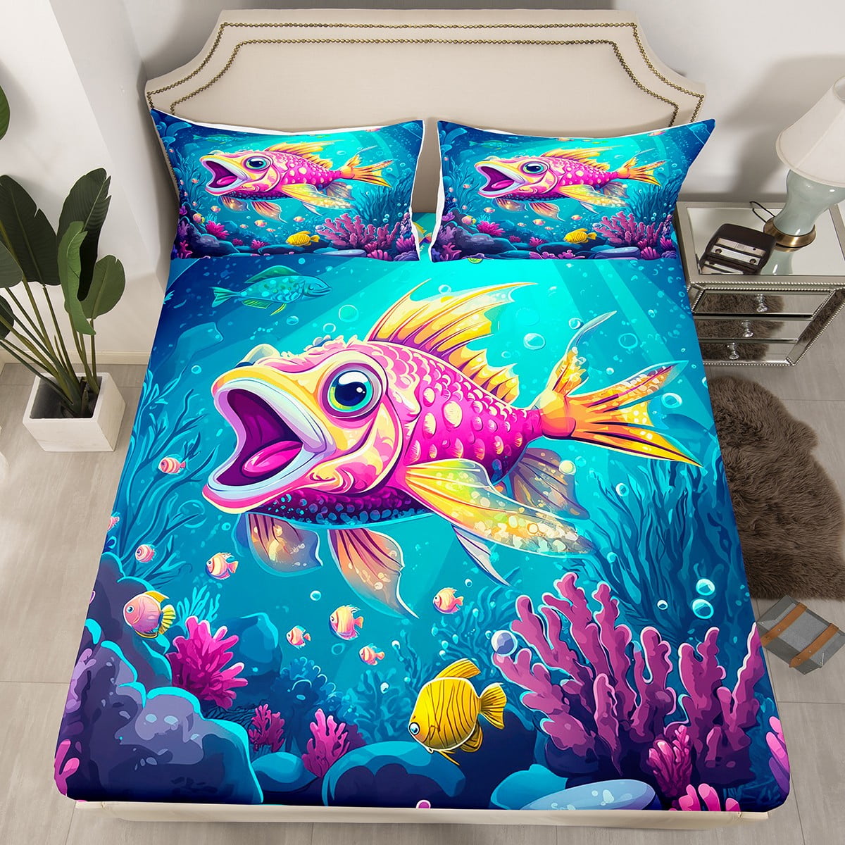 YST Ocean Queen Fitted Sheet,Coastal Fish Bedding Set for Kids