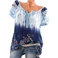 thumbnail image 1 of Blouse à Manches Courtes Imprimée Col en V Ample Blouse Femme Haut d'Été, Bleu Clair, L, 1 of 8