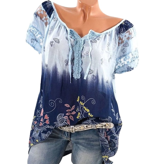 Blouse à Manches Courtes Imprimée Col en V Ample Blouse Femme Haut d'Été, Bleu Clair, L