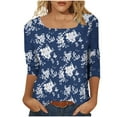 thumbnail image 4 of Women's 3/4 Sleeve Tops Floral Printed Square Neck Tee Shirt Plus Size Casual Trendy Tunic Tshirts S-5X (M, Navy), 4 of 7