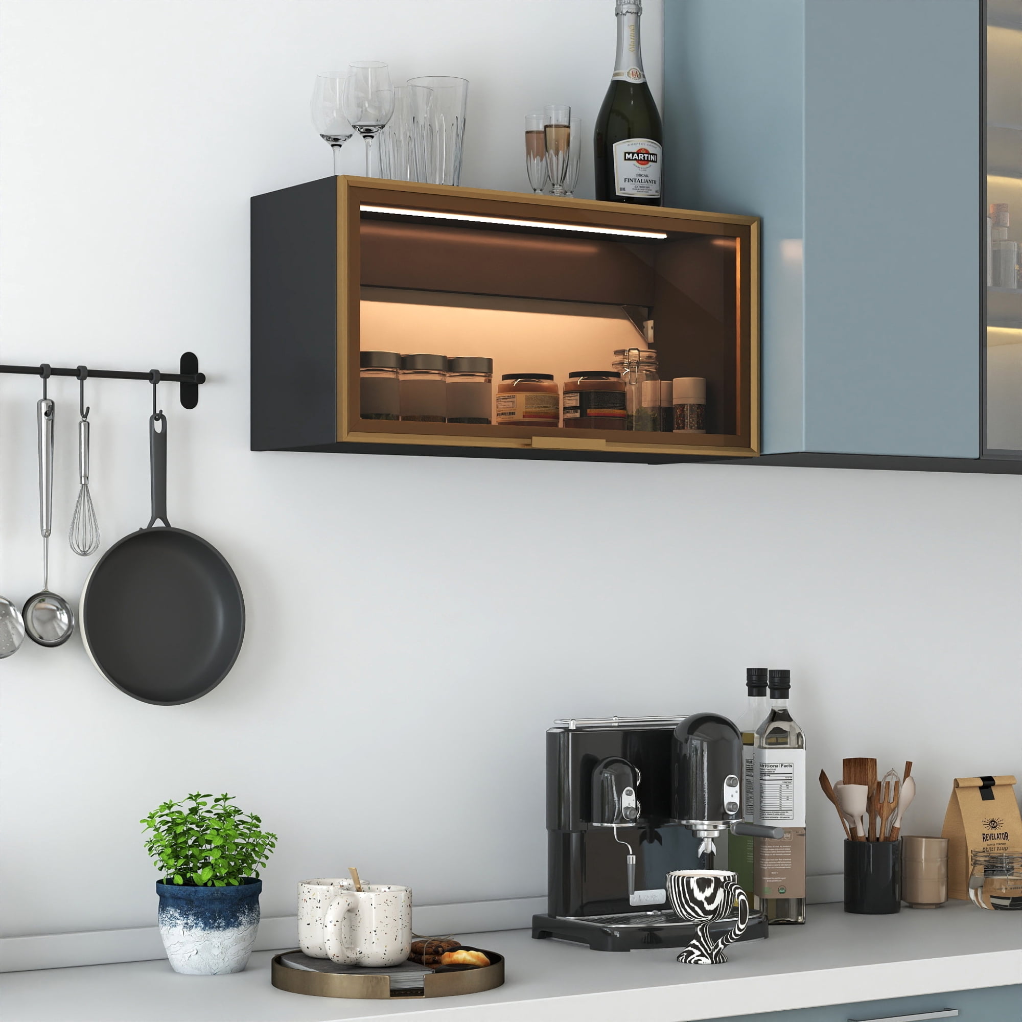 Leumius Spice Rack Wall Mounted Storage Cabinet,Large-Capacity Hanging Kitchen Pantry with Up-Flip Door for Kitchen, Dining Room,Black