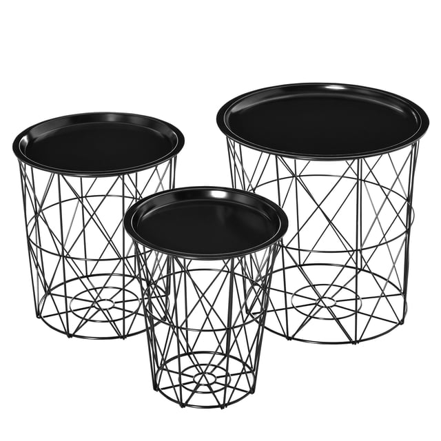 Black Nesting Coffee Tables - 3 Tier Round Side Tables with Storage Basket & Removable Tray for Living Room, Bedroom - Space-Saving Design