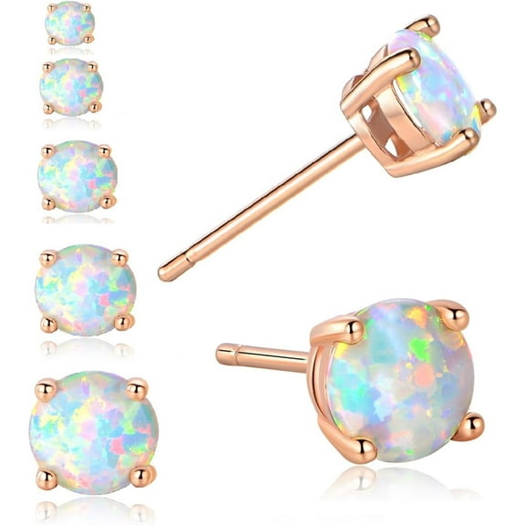 Stunning Rose Gold Plated Opal Studs, 18K Rose Gold Plated Opal Stud Earrings 6MM Round For Women