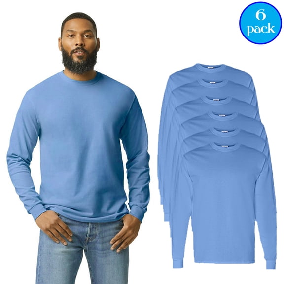 Gildan Men’s Heavy Cotton Long Sleeve T-Shirt, Ribbed Collar and Cuffs Carolina Blue Tee, 6 Pack, S