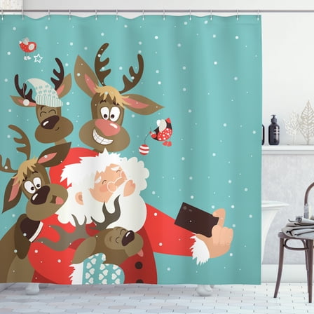Ambesonne Santa Shower Curtain, Reindeer Buddies Selfie, 69"Wx84"L, Multicolor
