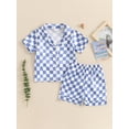 thumbnail image 4 of Toddler Boys Girls Summer 2PCS Pajama Sets Lapel Checkerboard Print Short Sleeve Lapel Shirt Top Elastic Shorts Kids Sleepwear Summer Outfits, 4 of 9