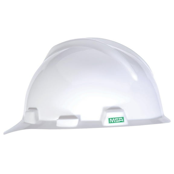 MSA 477477 V-Gard Cap Style Safety Hard Hat With Fas-Trac III Ratchet Suspension | Polyethylene Shell, Superior Impact Protection, Self Adjusting Crown Straps - Small Size in White