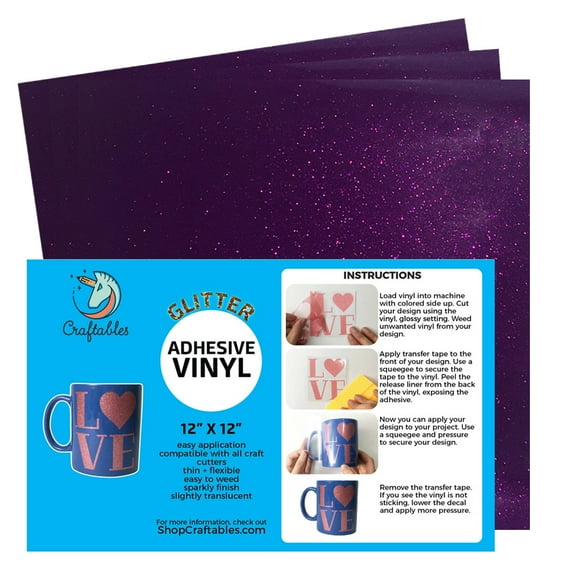 Craftables Purple Glitter Adhesive Vinyl for Cricut, Silhouette Cameo, and Craft Cutters - (3) 12in x 12in sheets