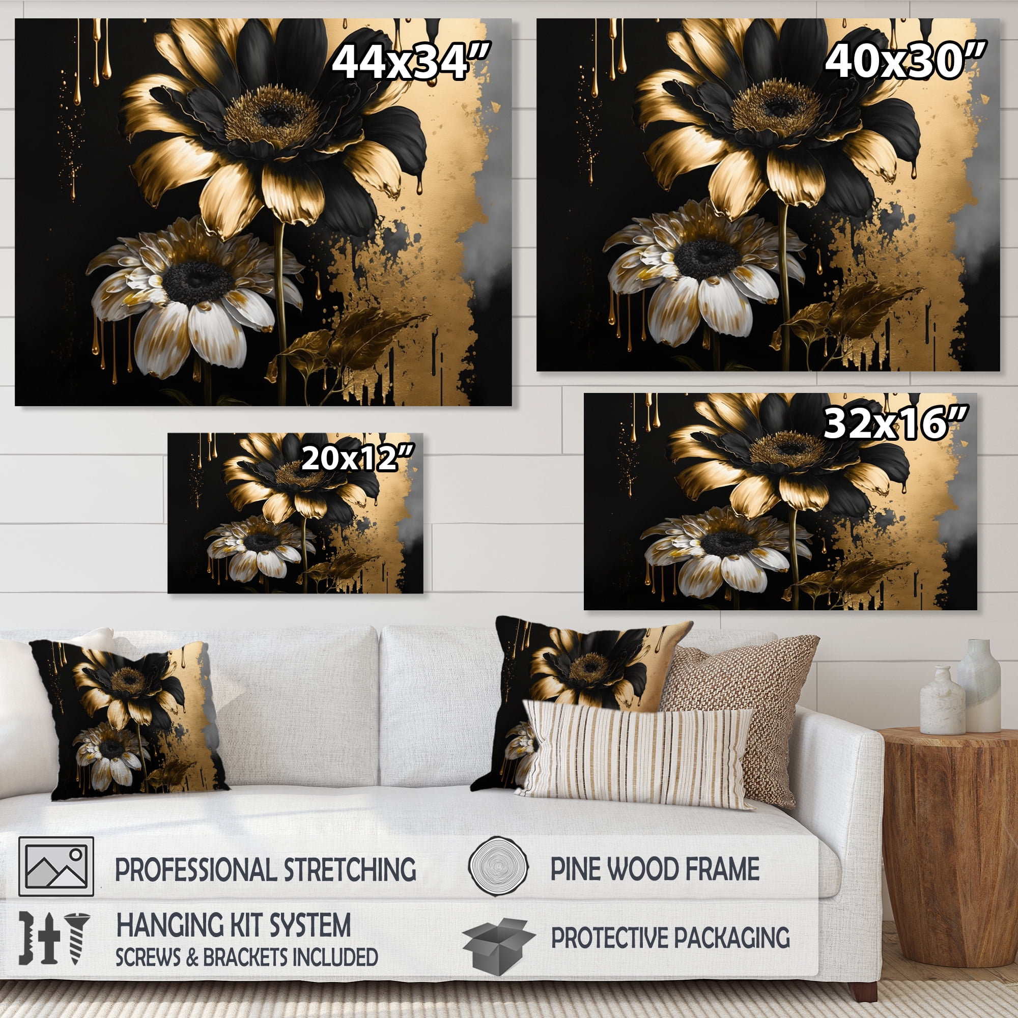 Designart Black And Gold Daisy II Canvas Wall Art