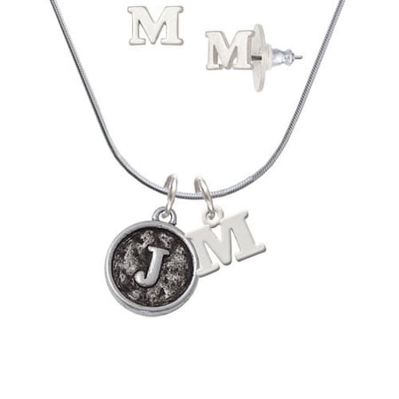 Antiqued Round Seal – Initial – J – – M Initial Charm Necklace and Stud Earrings Jewelry Set