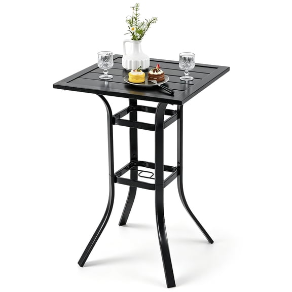 Costway 25" Outdoor Bar Table, Square Patio Dining Table with 1.57" Umbrella Hole for Lawn Black Brown