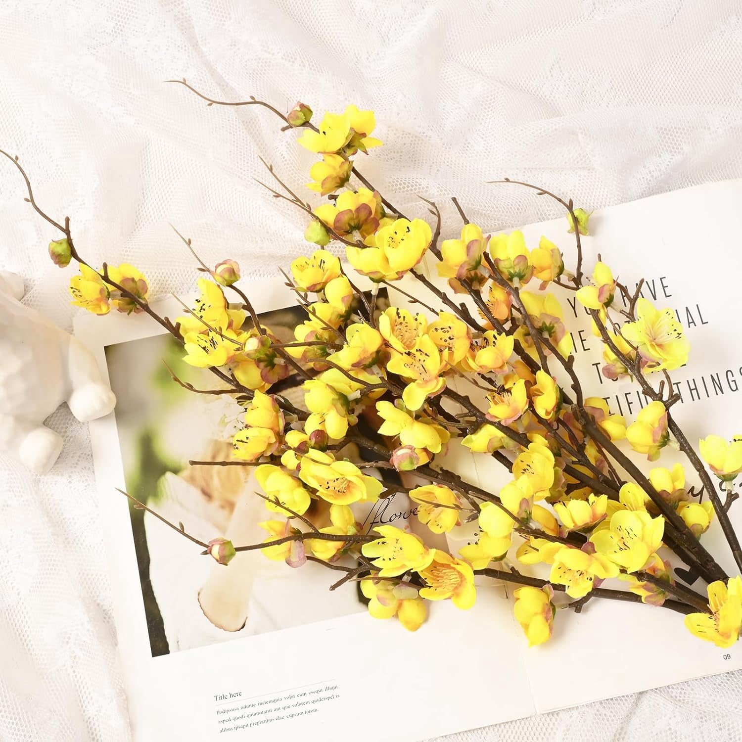 Cherry Blossom Branches for Vases, 36'' Faux Cherry Blossom Tree Decor with Long Stems, Artificial Flowers for Spring Home Indoor Outdoor Decoration (Yellow)