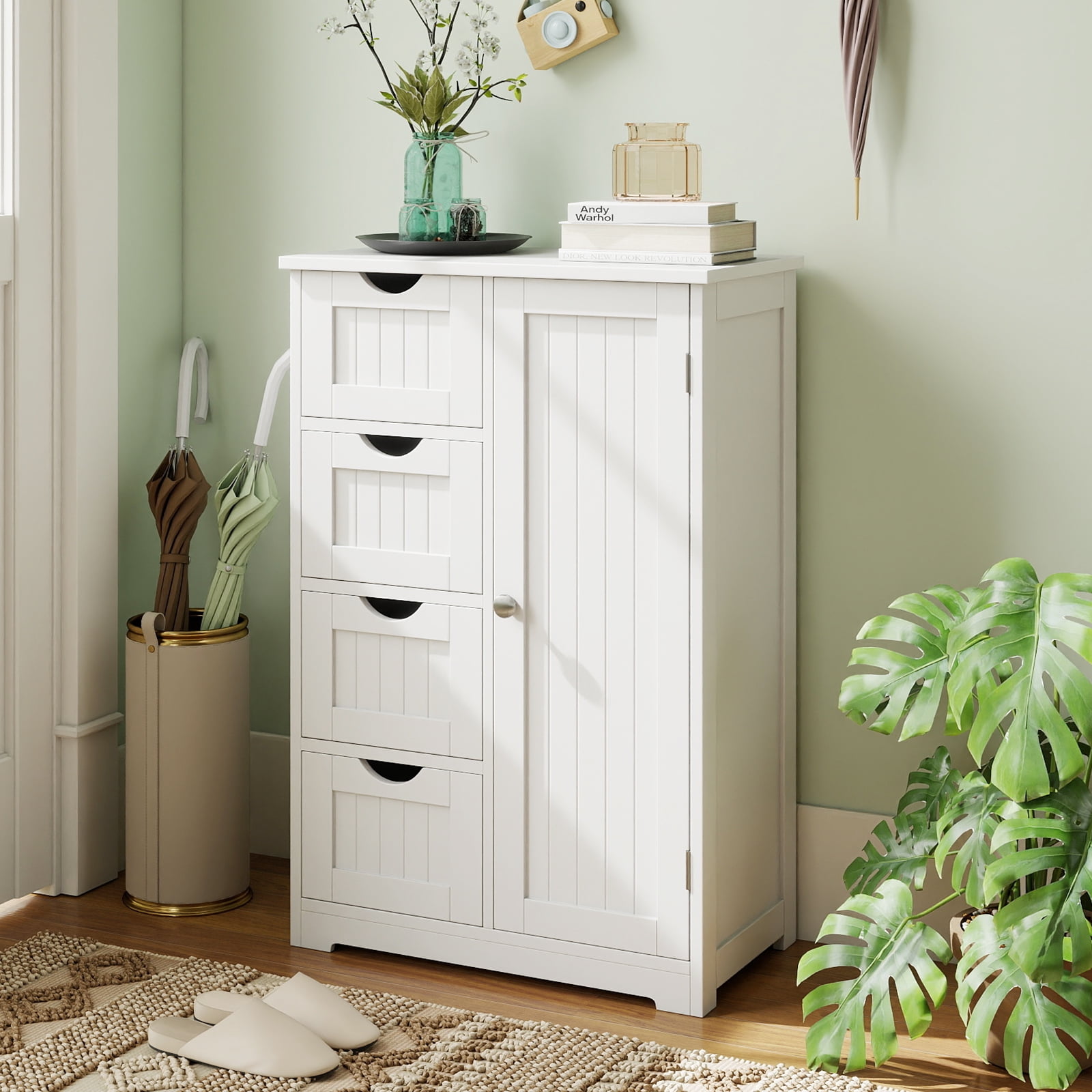 Gymax Bathroom Floor Storage Cabinet Wooden Freestanding Bathroom Storage Unit w/ 1 Door & 4 Drawers