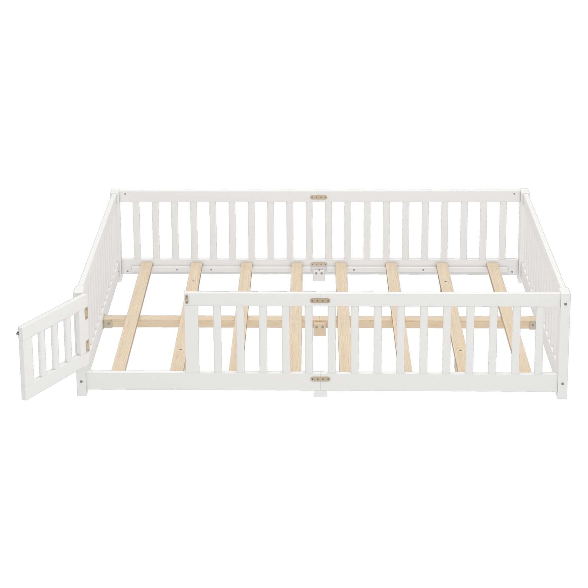 Jopath Queen Size Floor Bed Frame,Montessori Bed with Guardrails and Door,with Slatted Base,for Kids,Boys,Girls,White
