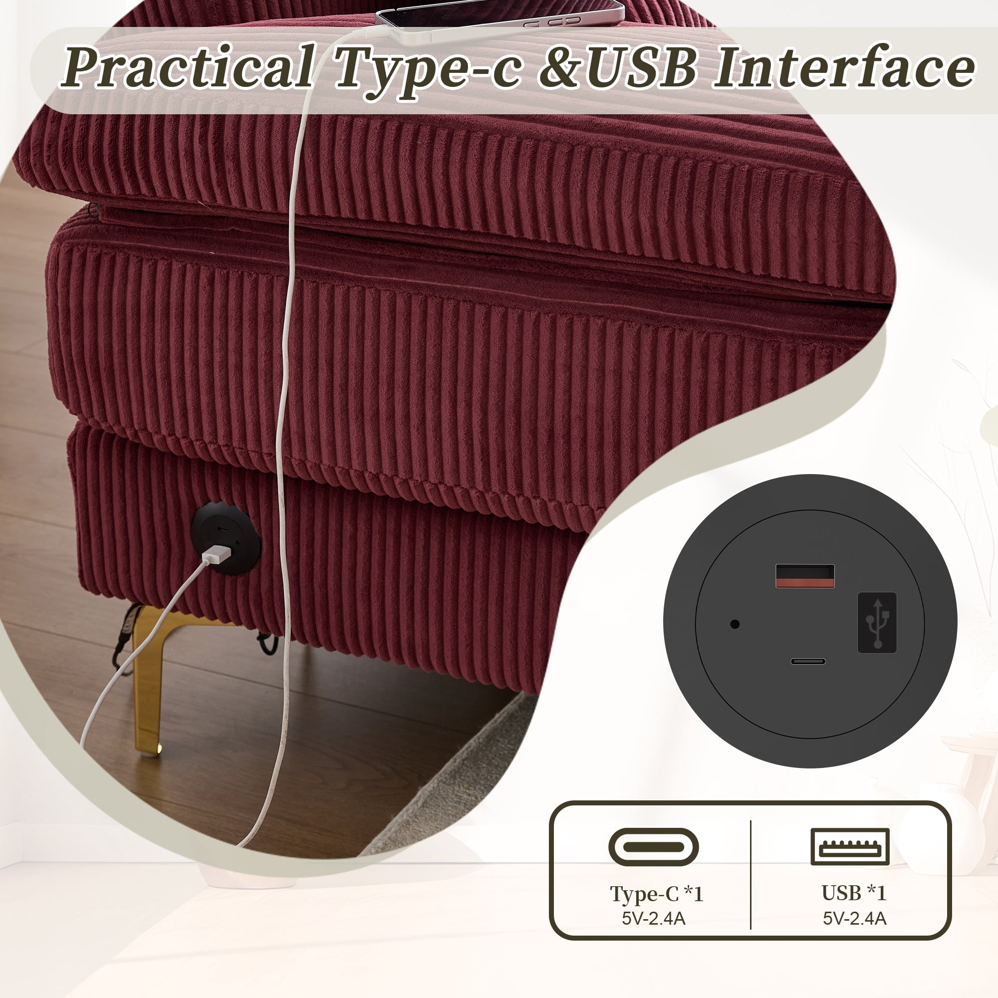 MOONMISS Corduroy Upholstered U-shaped Adjustable Light Modular Sectional Sofa With Type-C and USB ports-Wine Red