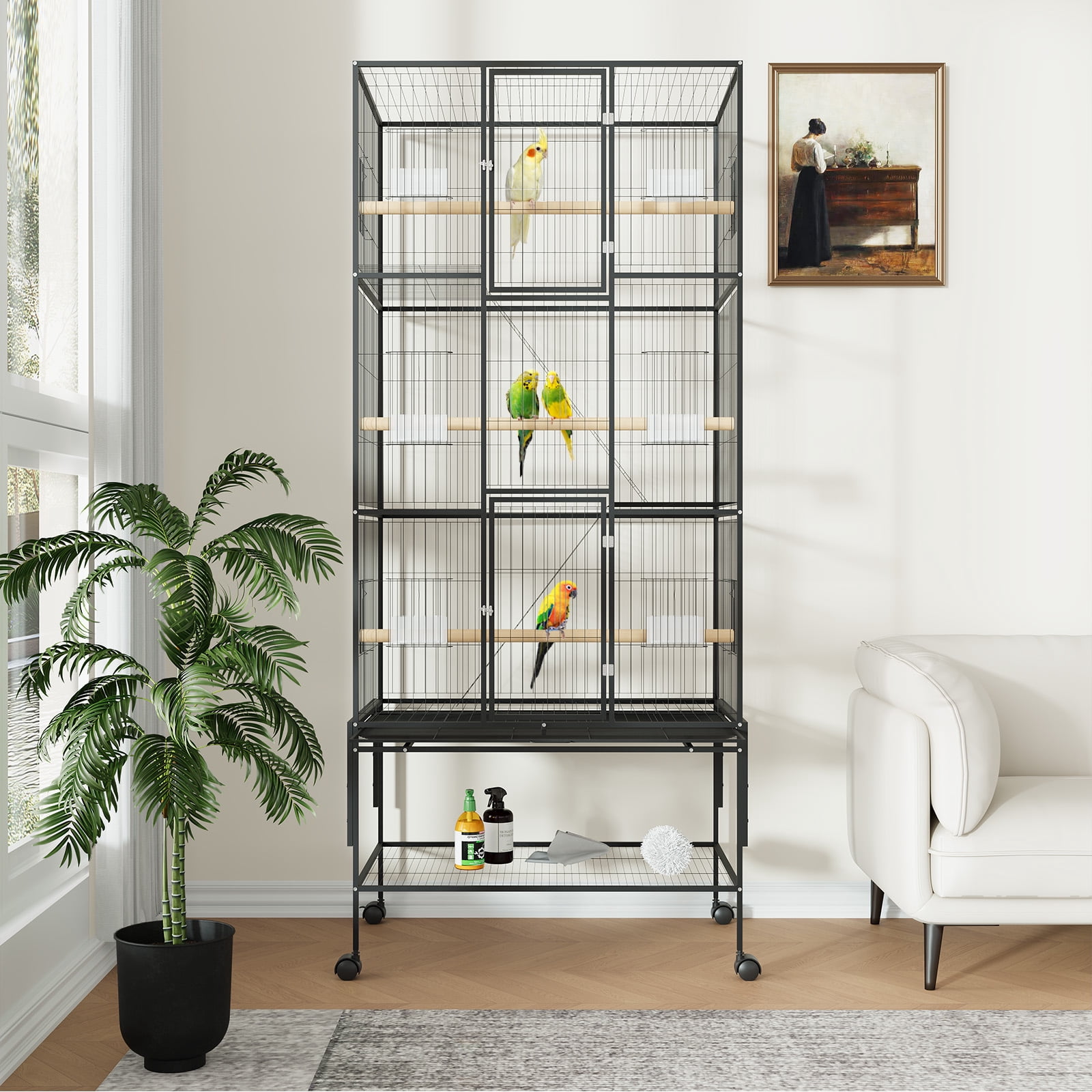 69 Inch Large Bird Cage, Bird Cage with Rolling Storage Stands, Feed Bowls, Wide Tall Parrot Cage for Parakeets, Conures, Cockatiel, Cockatoo