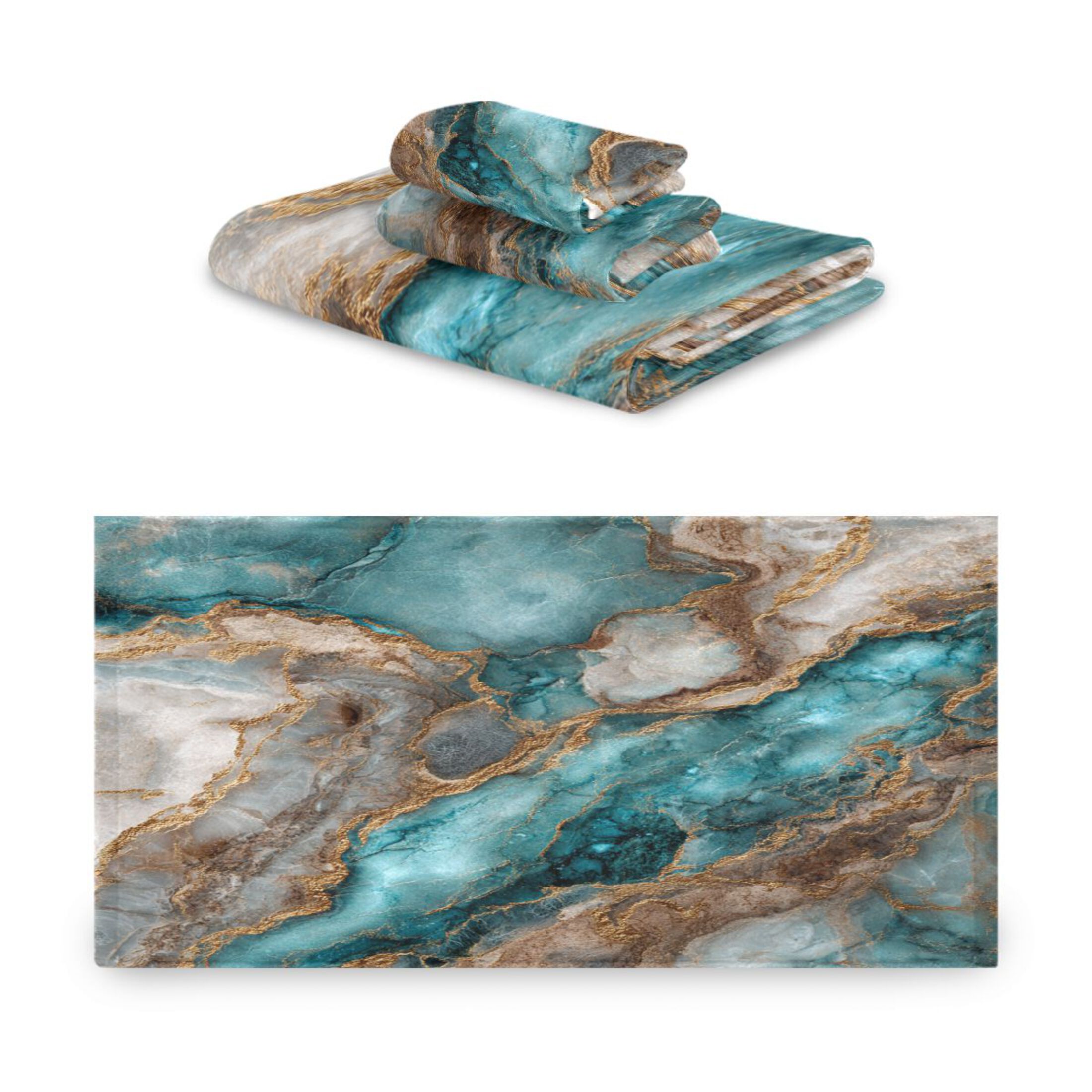 3 Sizes of Towel Sets Including Bath Towel Hand Towel and Washcloth for Daily Use Turquoise and Gold Marble