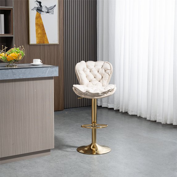 Exquisite Swivel Bar Stools Modern Velvet Padded Adjustable Counter Height Bar Chairs with Soft Back and Gold Footrest for Kitchen Dining Room Living Room & Home Office,Ivory