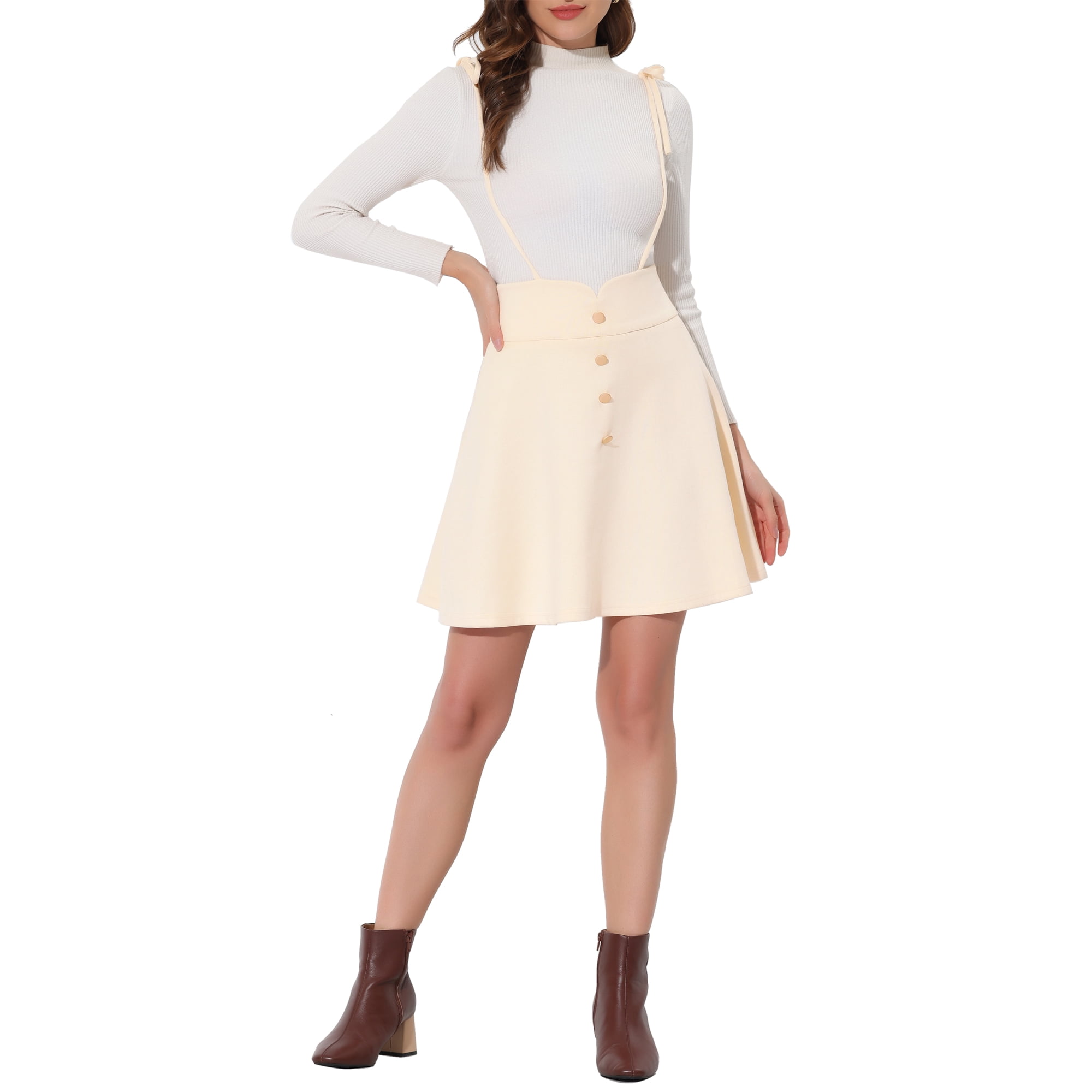 Unique Bargains Juniors Faux Suede Zip Tie Knot Shoulder Straps Mini Suspender Skirt Beige XL Walmart