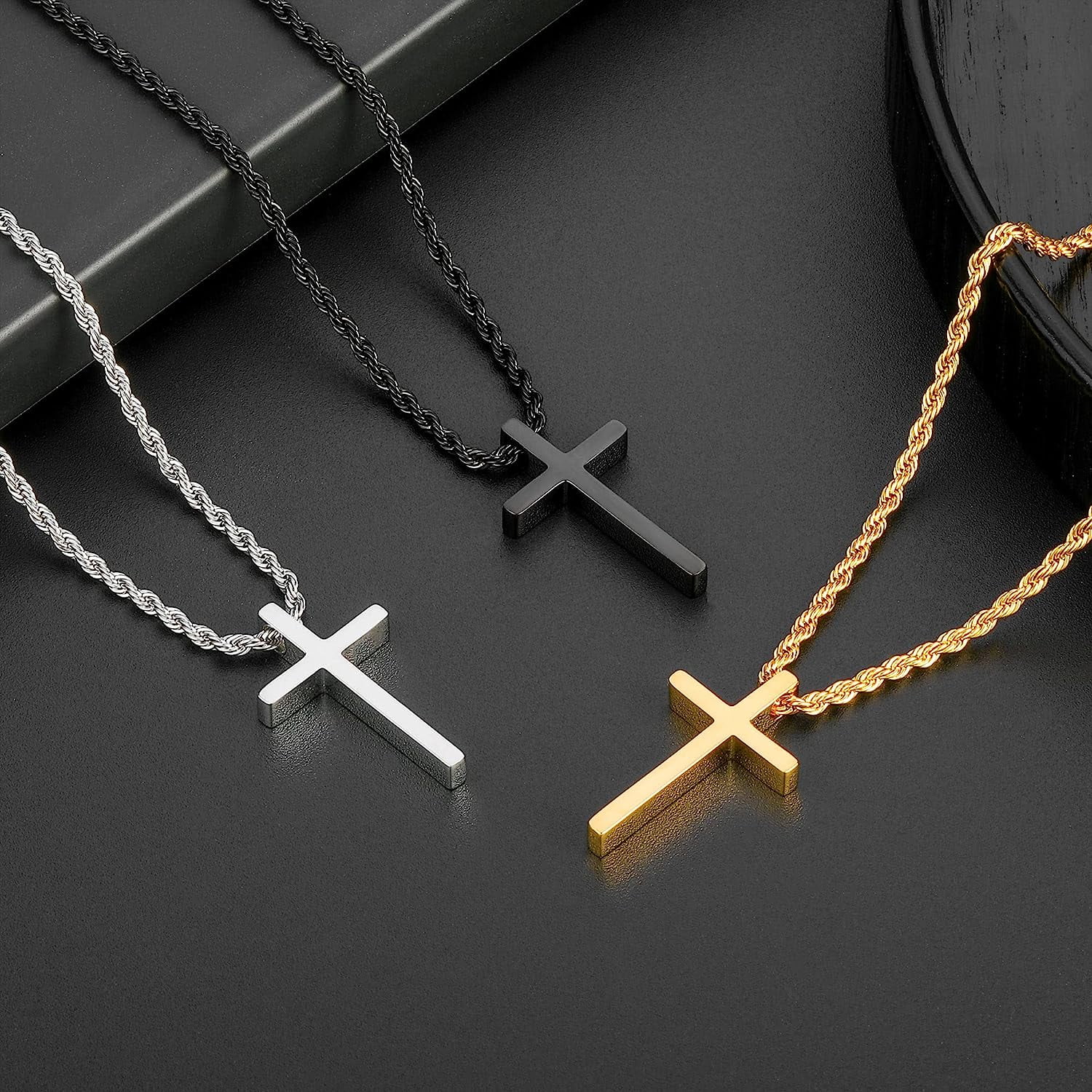 Laibmfc Cross Necklace For Men stainless Steel Black Silver Gold Cross Pendant Necklace For Men Boys Cross Chain For Men 16 24 Inches Rope Chain Black