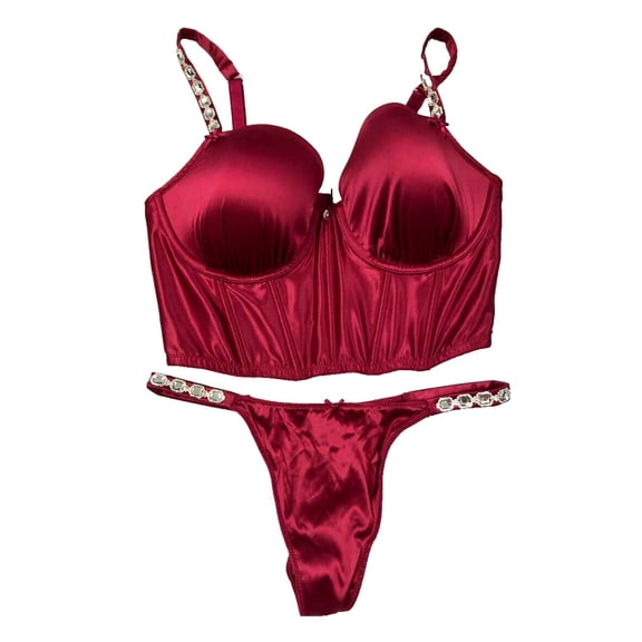 Victoria's Secret Dream Angels Bra Corset Top Bejeweled Satin Strap Claret Red with Thong 2 Piece Set Cup Size 36D/Medium Panty NWT