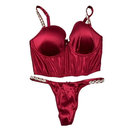 Victoria s Secret Dream Angels Bra Corset Top Bejeweled Satin Strap Claret Red with Thong 2 Piece Set Cup Size 38DD/XL Panty NWT