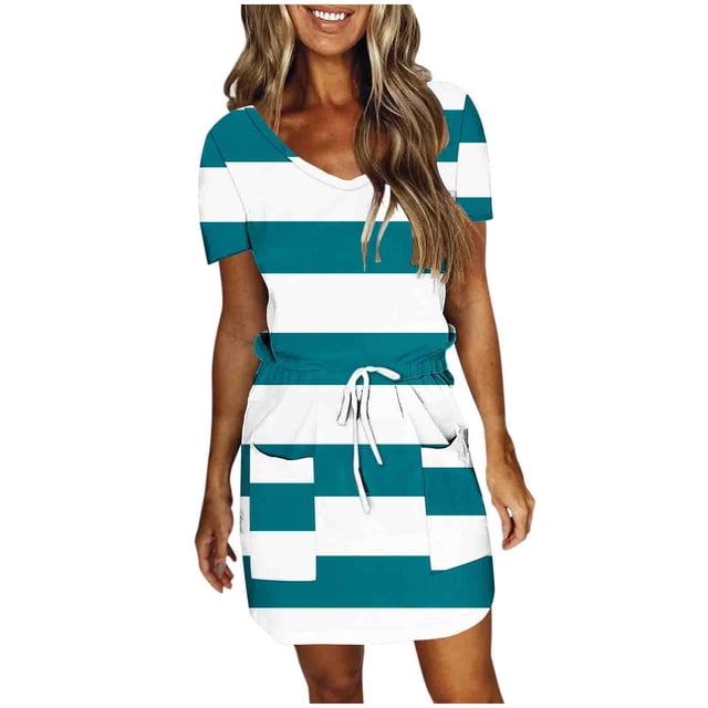 Robes pour Femmes, Mode Féminine Couleur Unie Manches Courtes Col en V Robe Mi-Mollet
