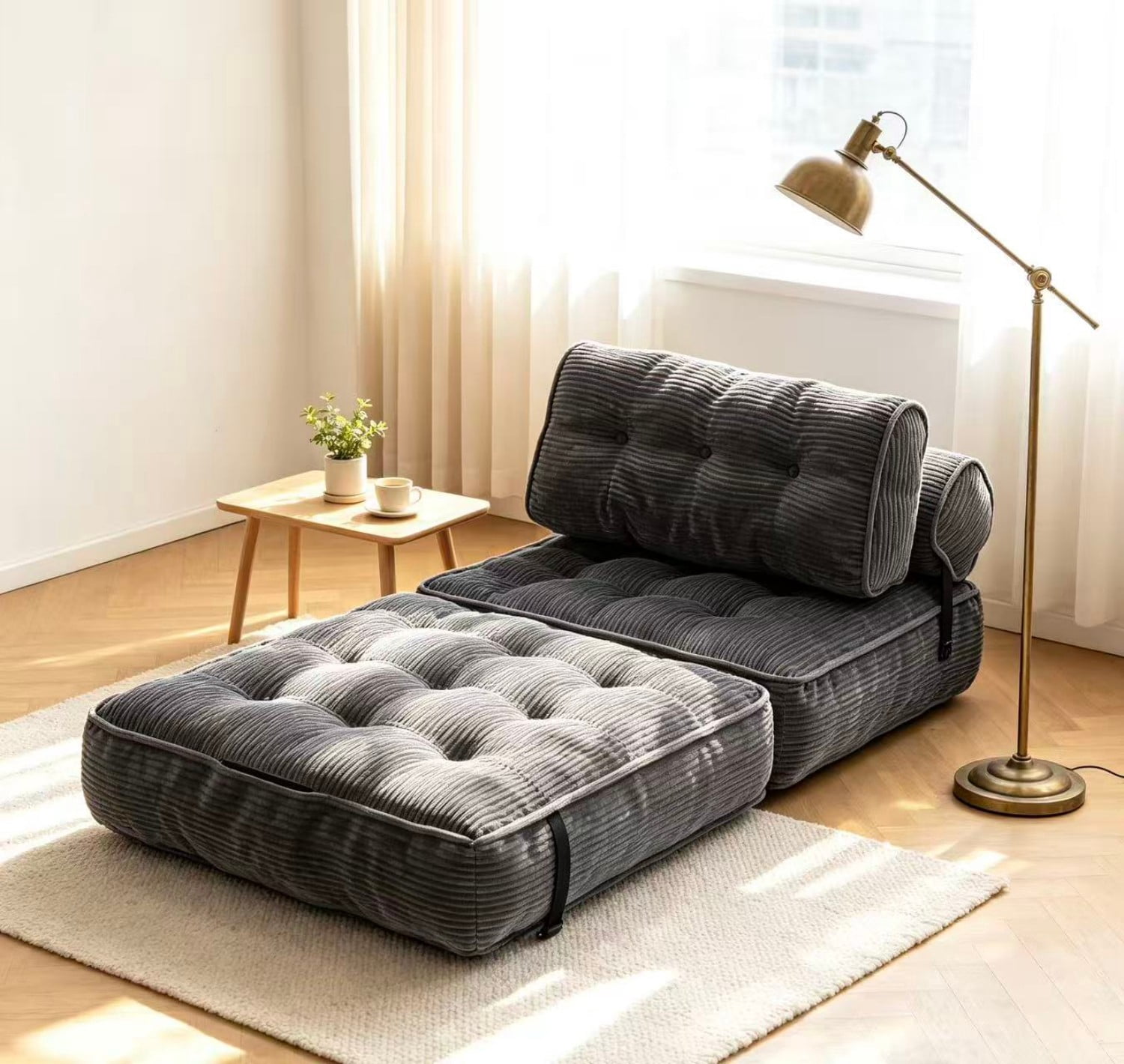 Folding Sofa Bed, Convertible Sleeper Chair Bed with Headrest & Lumbar Pillow, Foldable Floor Sofa Mattress for Living Room, Bedroom, Small Space, Grey