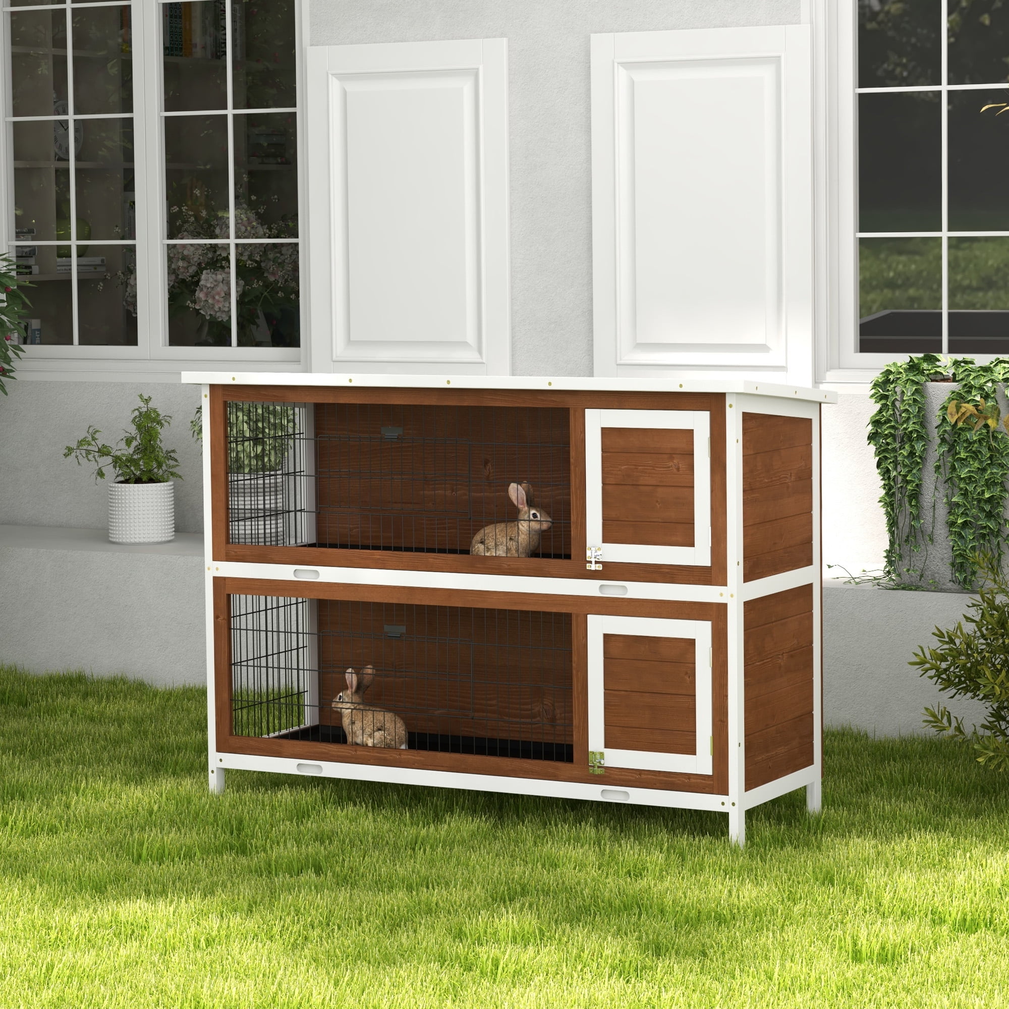 54" 2-Story Large Rabbit Hutch Bunny Cage Wooden Pet House Small Animal Habitat with Lockable Doors, No Leak Tray and Waterproof Roof for Outdoor Indoor, Brown
