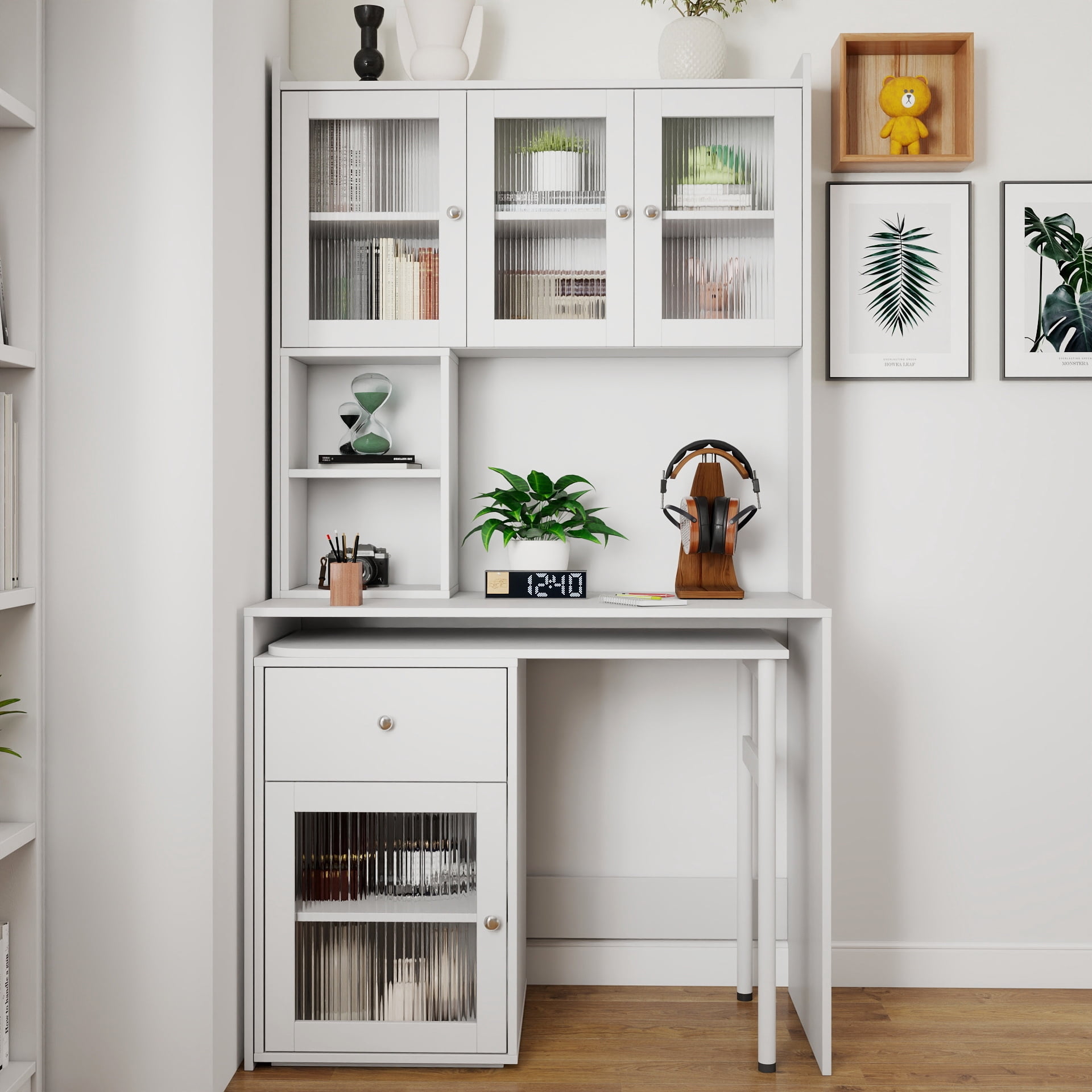 Euroco Computer Desk with glass door for Home Office or Study desk, Bookshelf & Hutch, Computer Desk with 90 Degree Rotating Desktop,Large Working Space