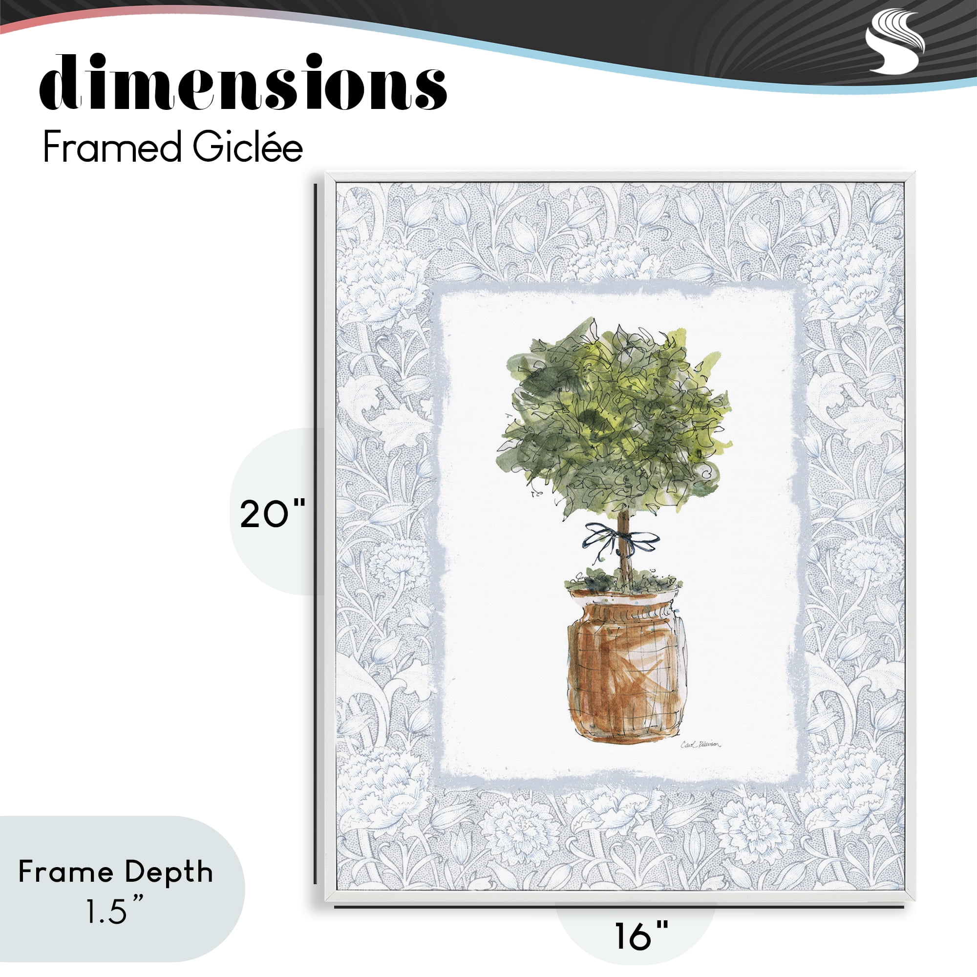 Stupell Industries Potted Topiary with Ribbon White Framed Giclee Art, design by Carol Robinson