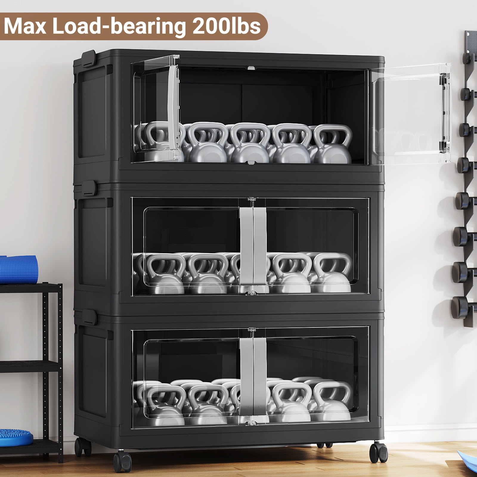 Broview 240Gal Extra Large Stackable Storage Bins, 960Qt Collapsible Plastic Storage Box with Clear Doors, Foldable Containers With Drawers, Magnetic Closure, 360° Swivel Wheels, Black, 6Pack V70