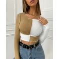 thumbnail image 2 of Women Sexy Round Neck Ribbed Colored Stretchy Cropped Shirt Long Sleeve Color Block Crop Cotton Tee Top(KH-L), 2 of 6