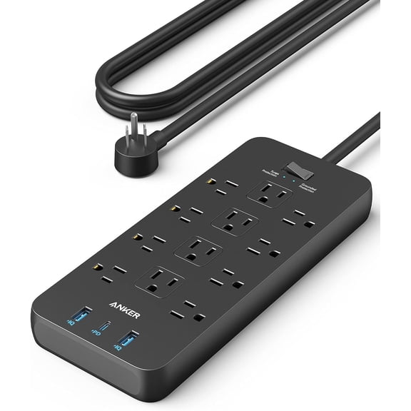 Anker Power Strip with 3 USB Ports, Surge Protector (2100J-10ft), 12 Outlets, 2 USB-A Ports and 1 USB-C Port, for Home, Office, TUV Listed, Black