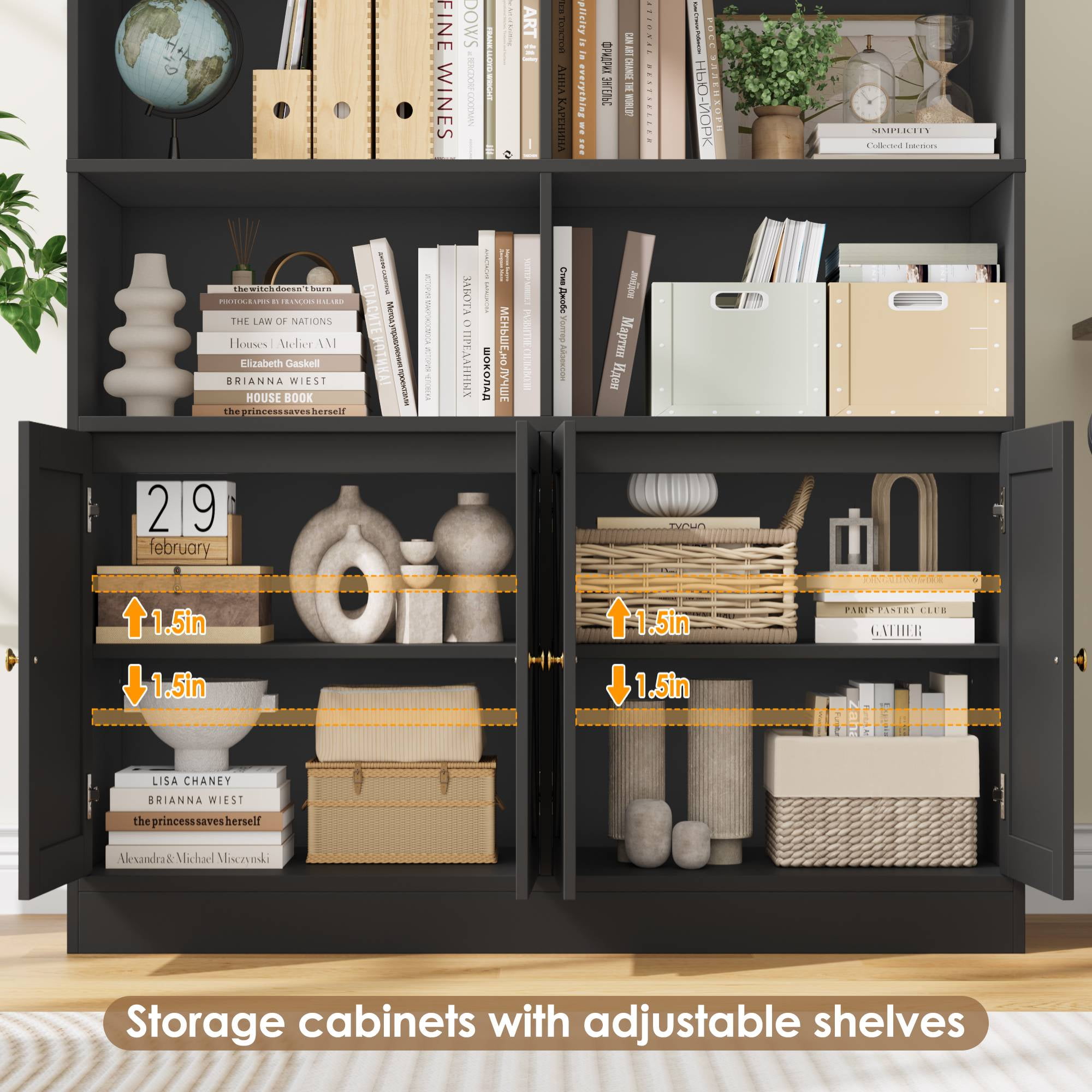 Hiphuta 71"H x 47.2"W Standard Bookcase, Tall Bookcase for Bedroom, Living Room and Office, Freestanding Display Storage Shelves, Black