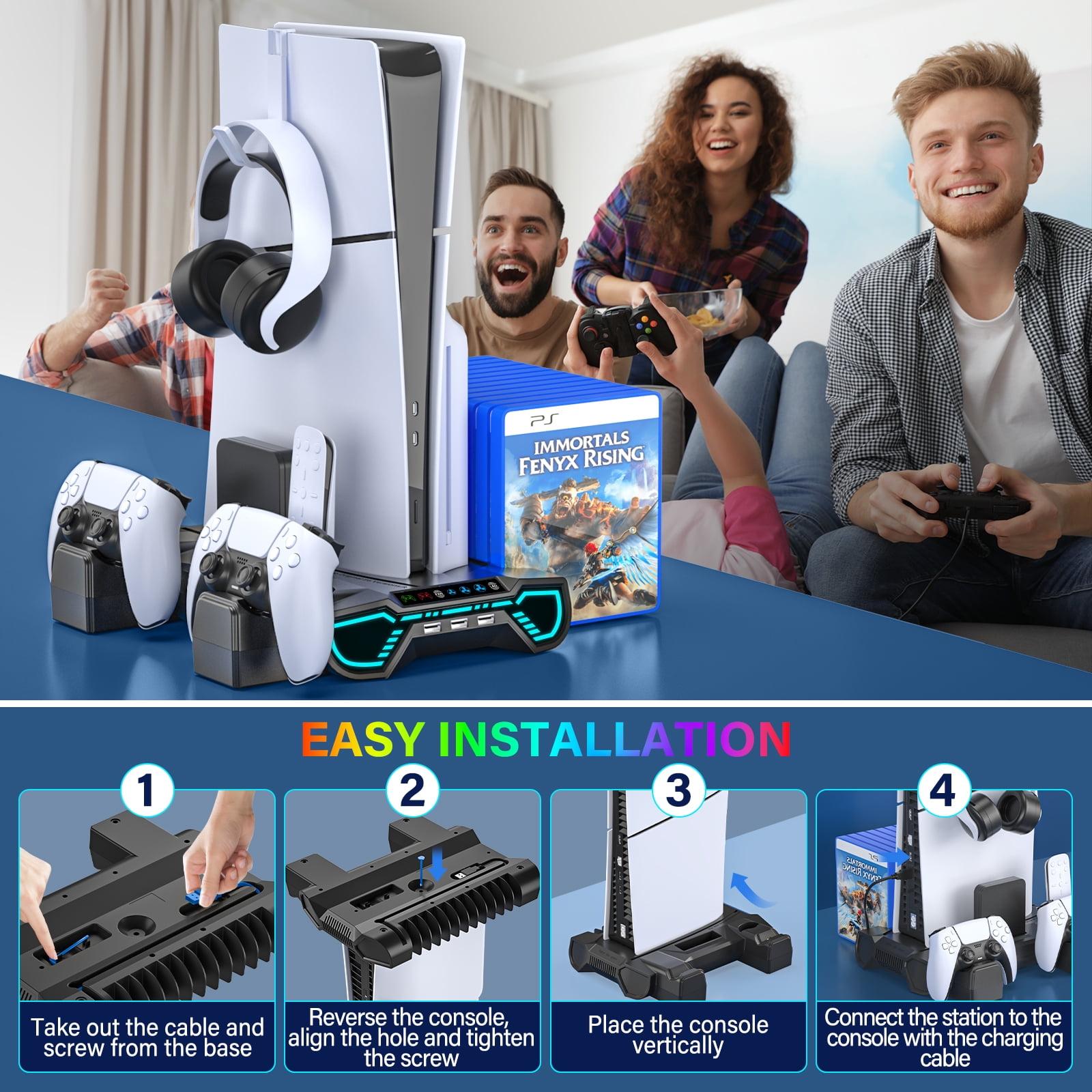 PS5 Stand with Cooling Fan, ZRZLMVP PS5 Cooling Station with Dual Controller Charging Station,PS5 Accessories for PS5 Standard Edition & Slim Edition & Pro Edition consoles - Black