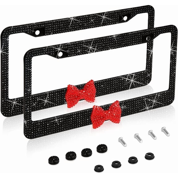2 Pack Bling License Plate Frame,Handcrafted Bling Rhinestone Premium Stainless Steel License Plate Frame,Clear Color Rhinestone Crystal