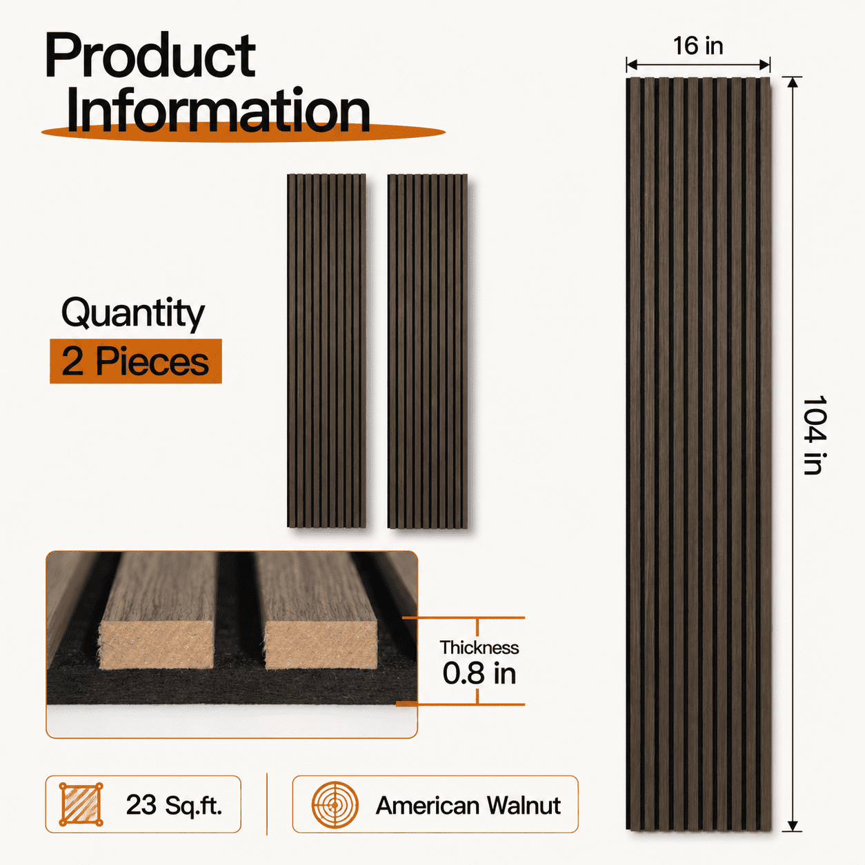 2PCS 16''x104'' Wood Slat Acoustic Wall Paneling for Interior and Ceiling Decor,23Sq.ft,AmericaWalnut