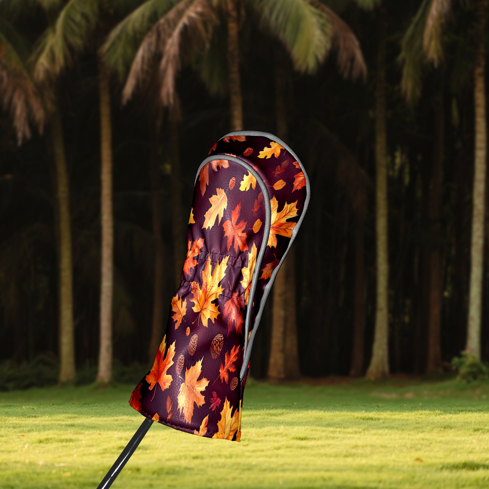 Golf Club Covers, Dark Red Autumn Leaves Premium PU Leather Driver Hybrid Putter Head Covers with Velvet Lining, Waterproof Golf Gifts for Men Women