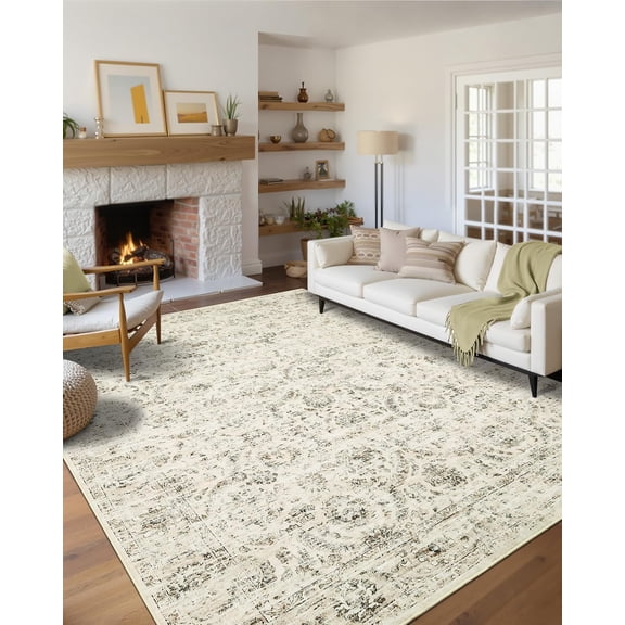 Memoryfield Washable Area Rugs 5' x 7' Rug, Vintage Non Slip Rug for Bedroom Decor Distressed Low Pile Stain Resistant Carpet for for Living Room Dining Room, Beige