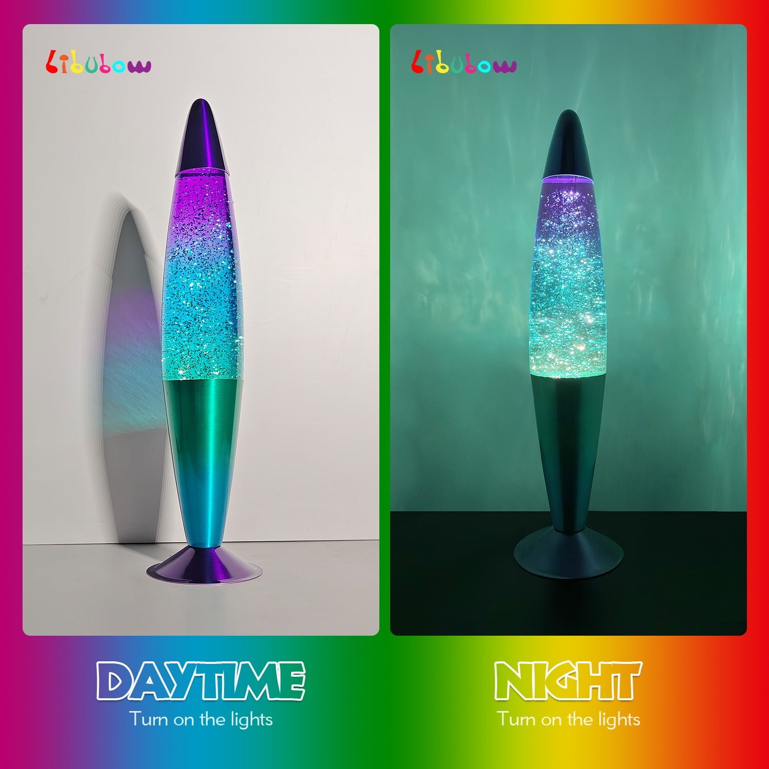 Libubow 16 Inch Aurora Glow Glitter Night Light, 2 Bulbs, Silver Glitter Clear Liquid